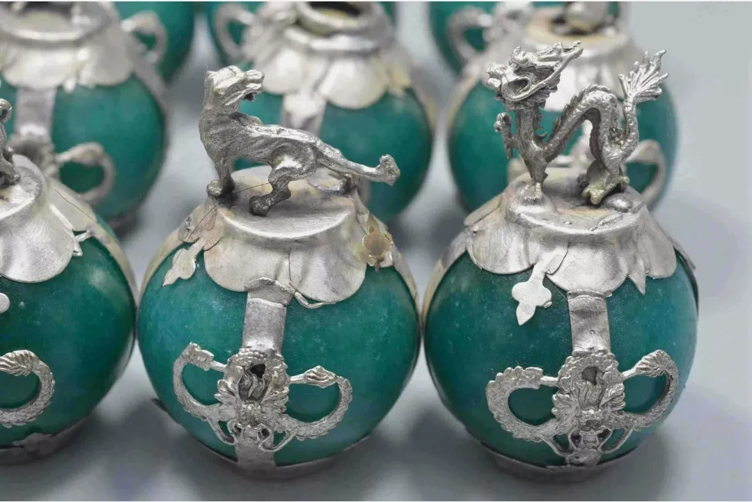 Chinese Genuine National Green Jade HandCarved Silver Lucky 12 Zodiac Statues
