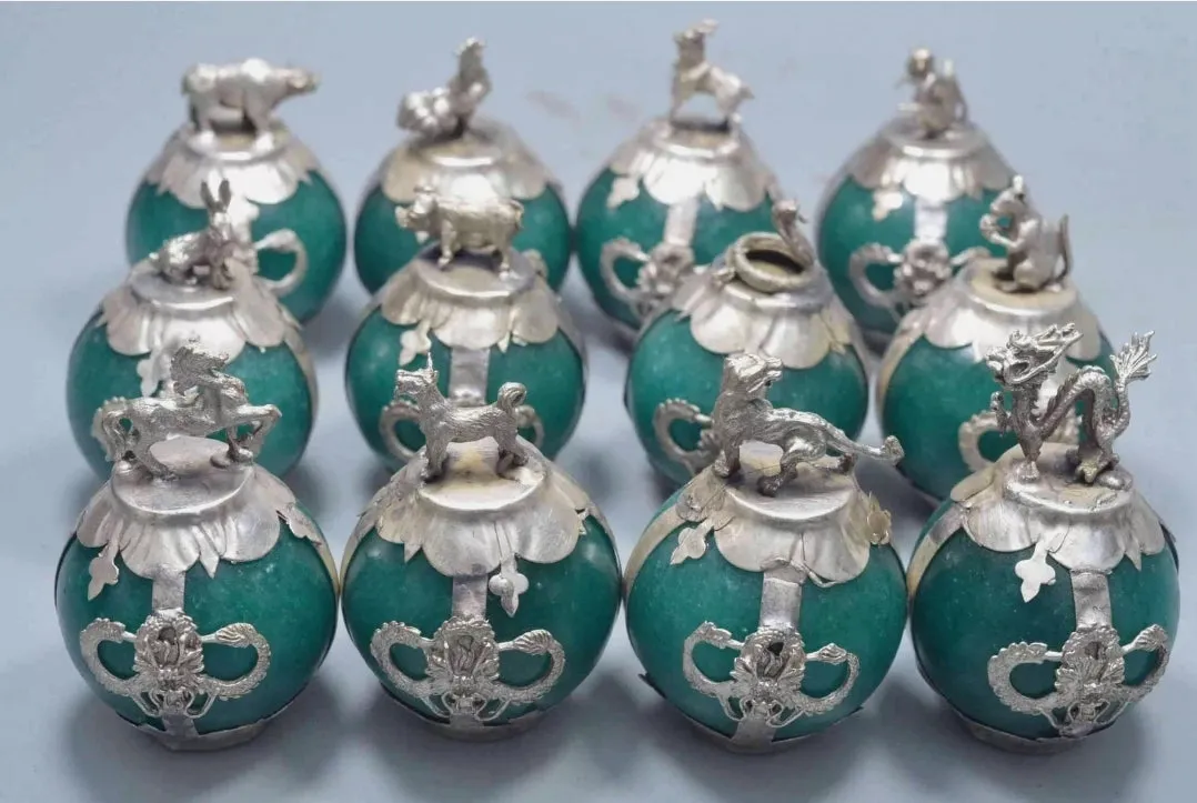 Chinese Genuine National Green Jade HandCarved Silver Lucky 12 Zodiac Statues