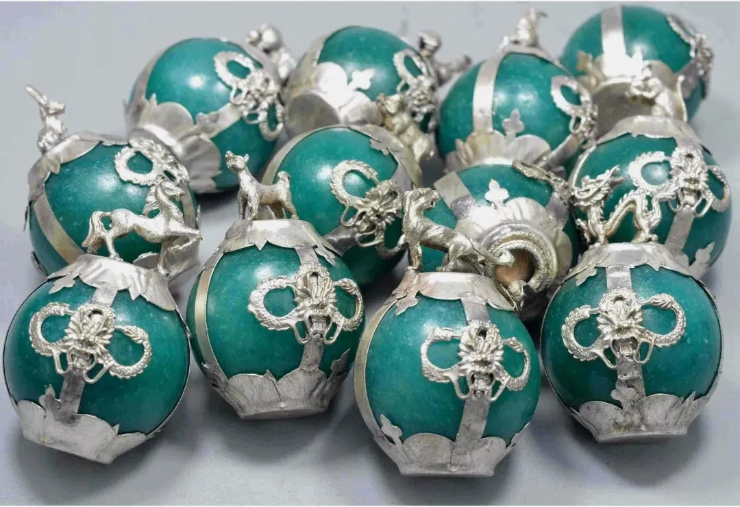 Chinese Genuine National Green Jade HandCarved Silver Lucky 12 Zodiac Statues