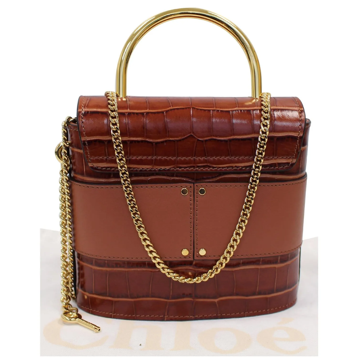 CHLOE Aby Lock Small Embossed/Calfskin Leather Chain Shoulder Bag Brown