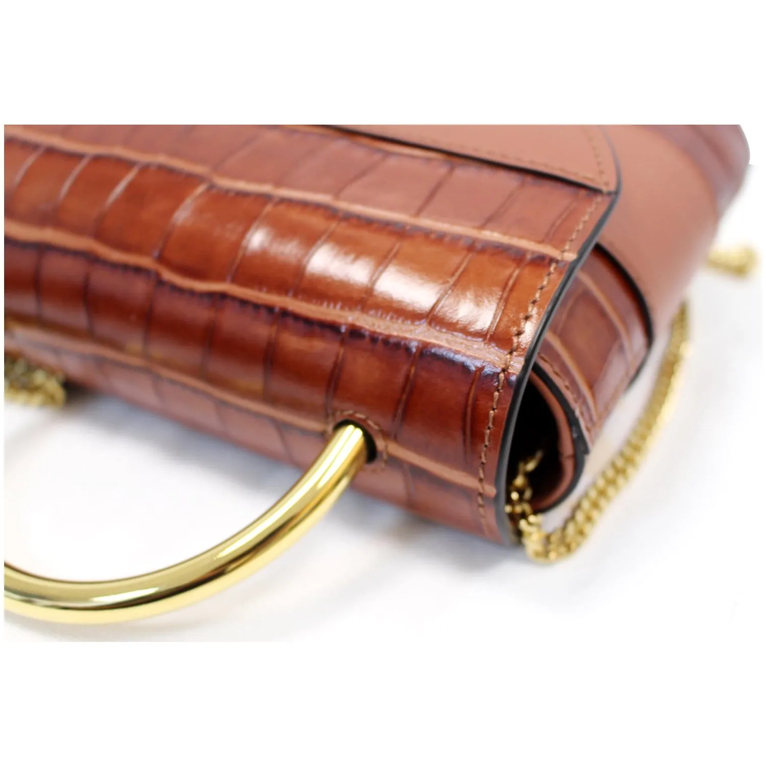 CHLOE Aby Lock Small Embossed/Calfskin Leather Chain Shoulder Bag Brown