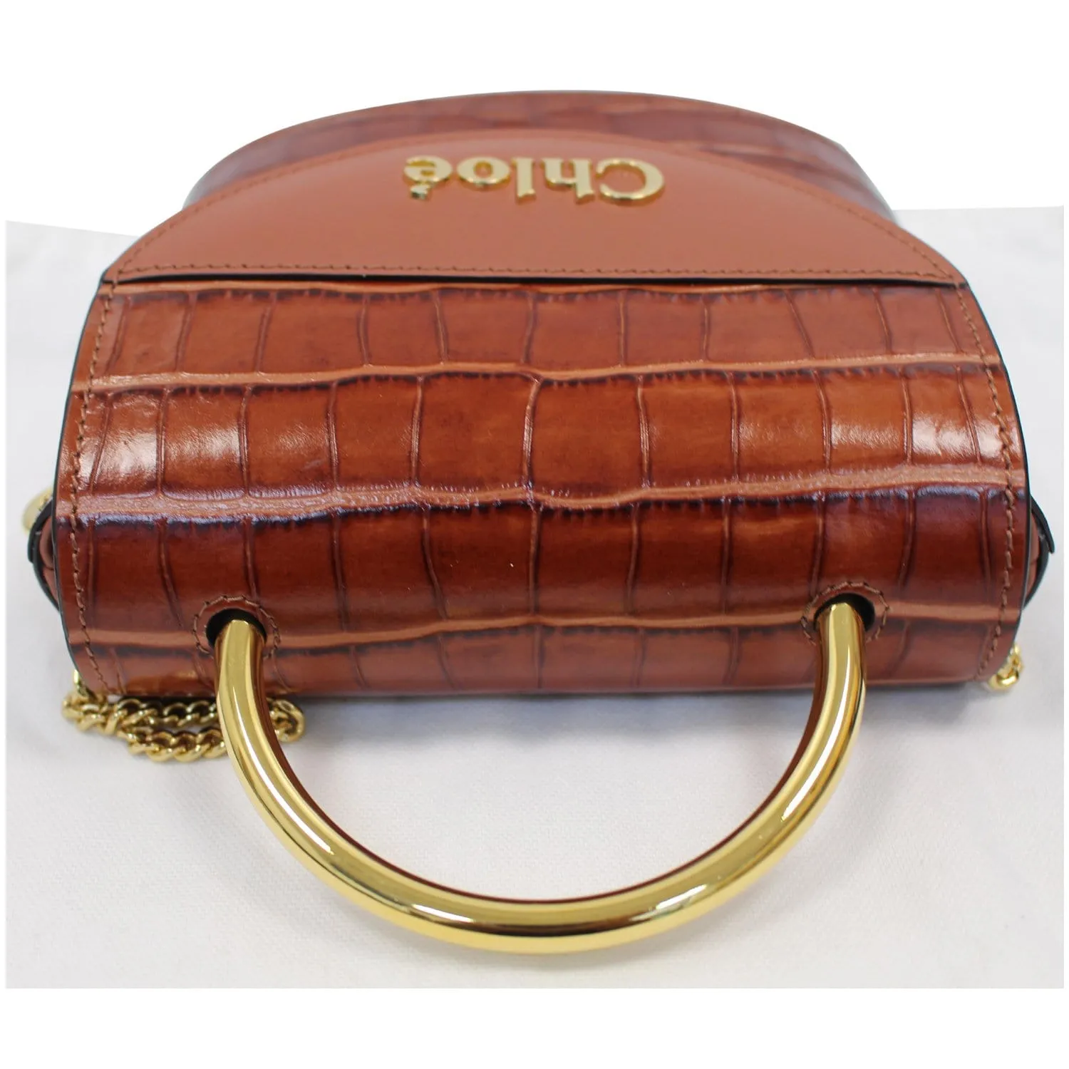 CHLOE Aby Lock Small Embossed/Calfskin Leather Chain Shoulder Bag Brown