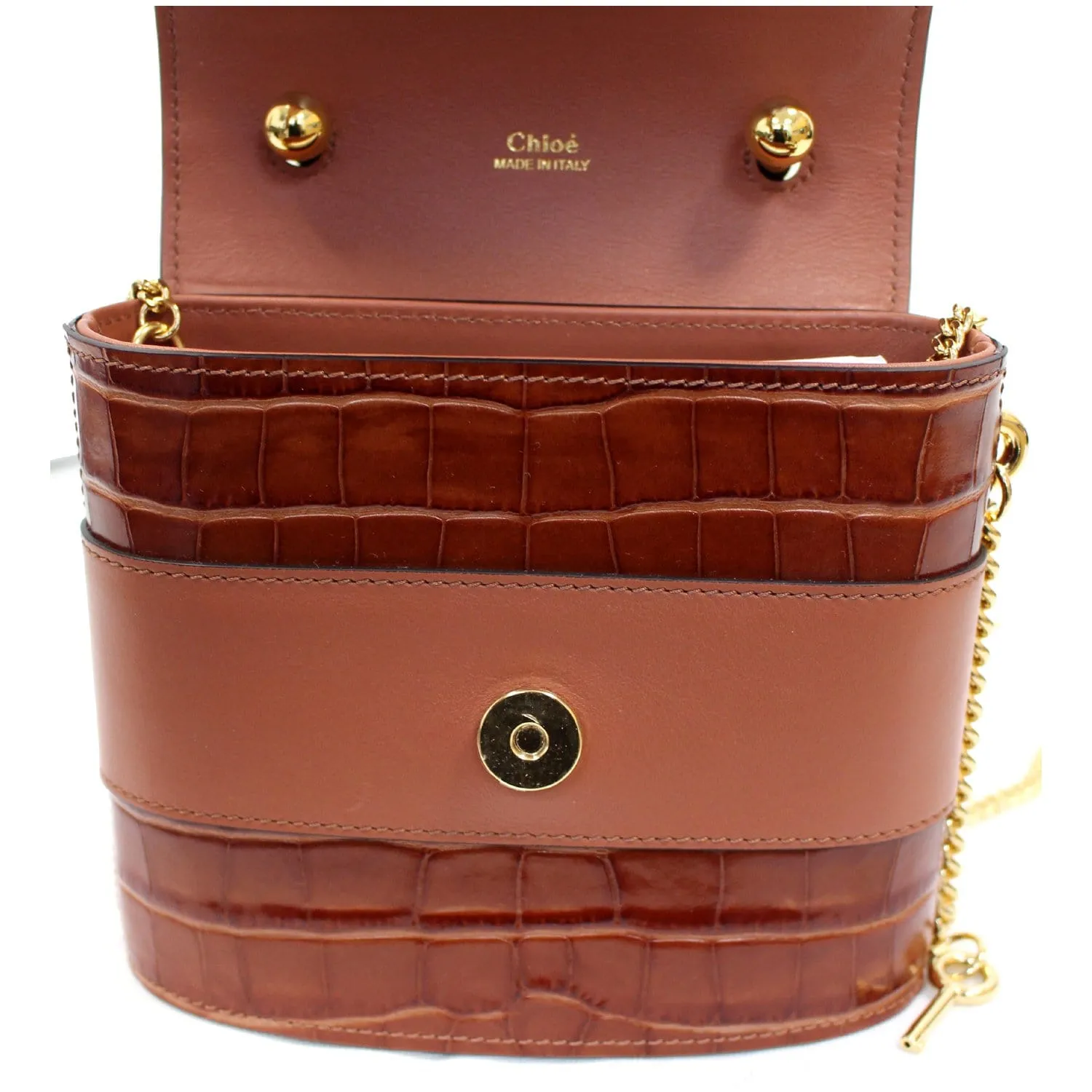 CHLOE Aby Lock Small Embossed/Calfskin Leather Chain Shoulder Bag Brown