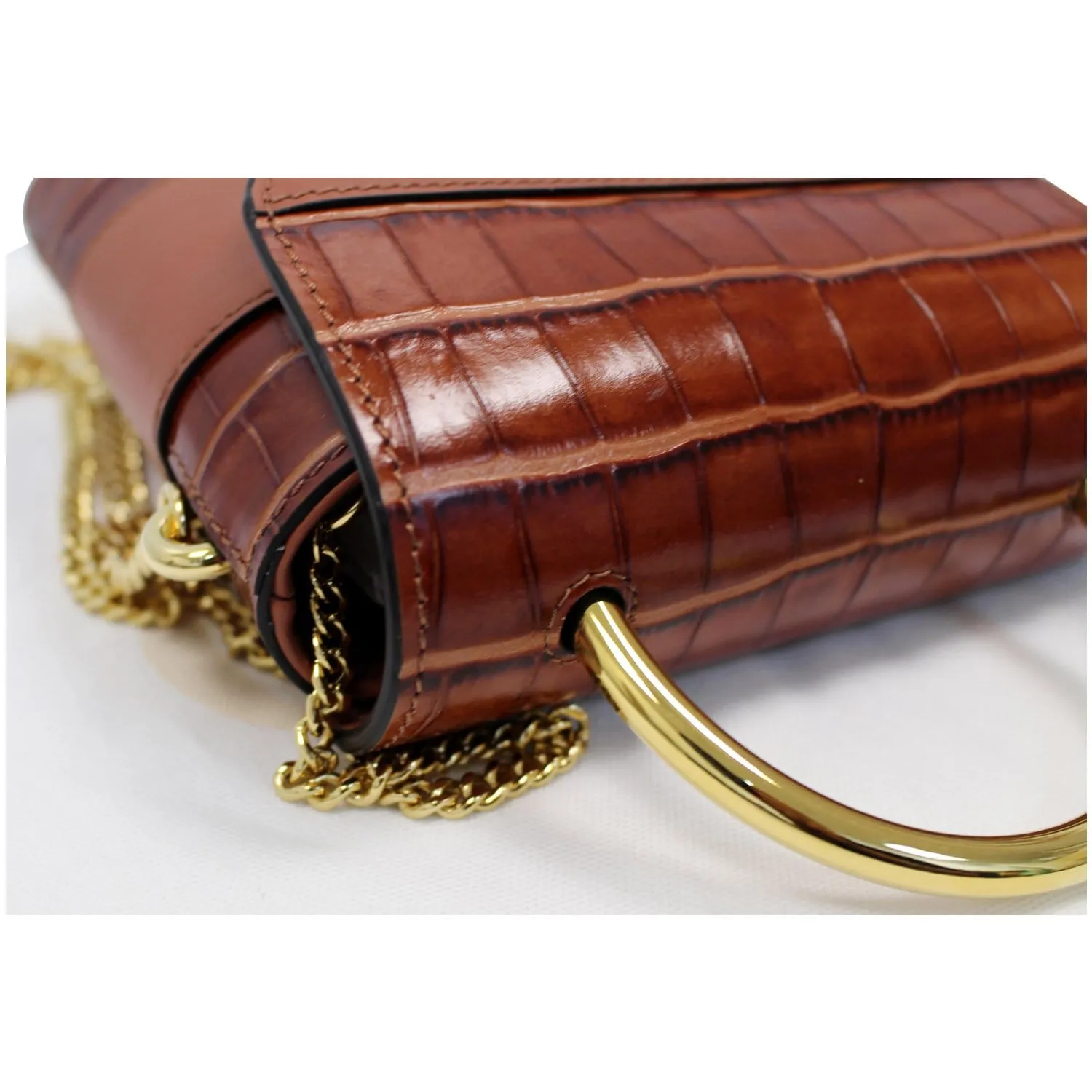 CHLOE Aby Lock Small Embossed/Calfskin Leather Chain Shoulder Bag Brown