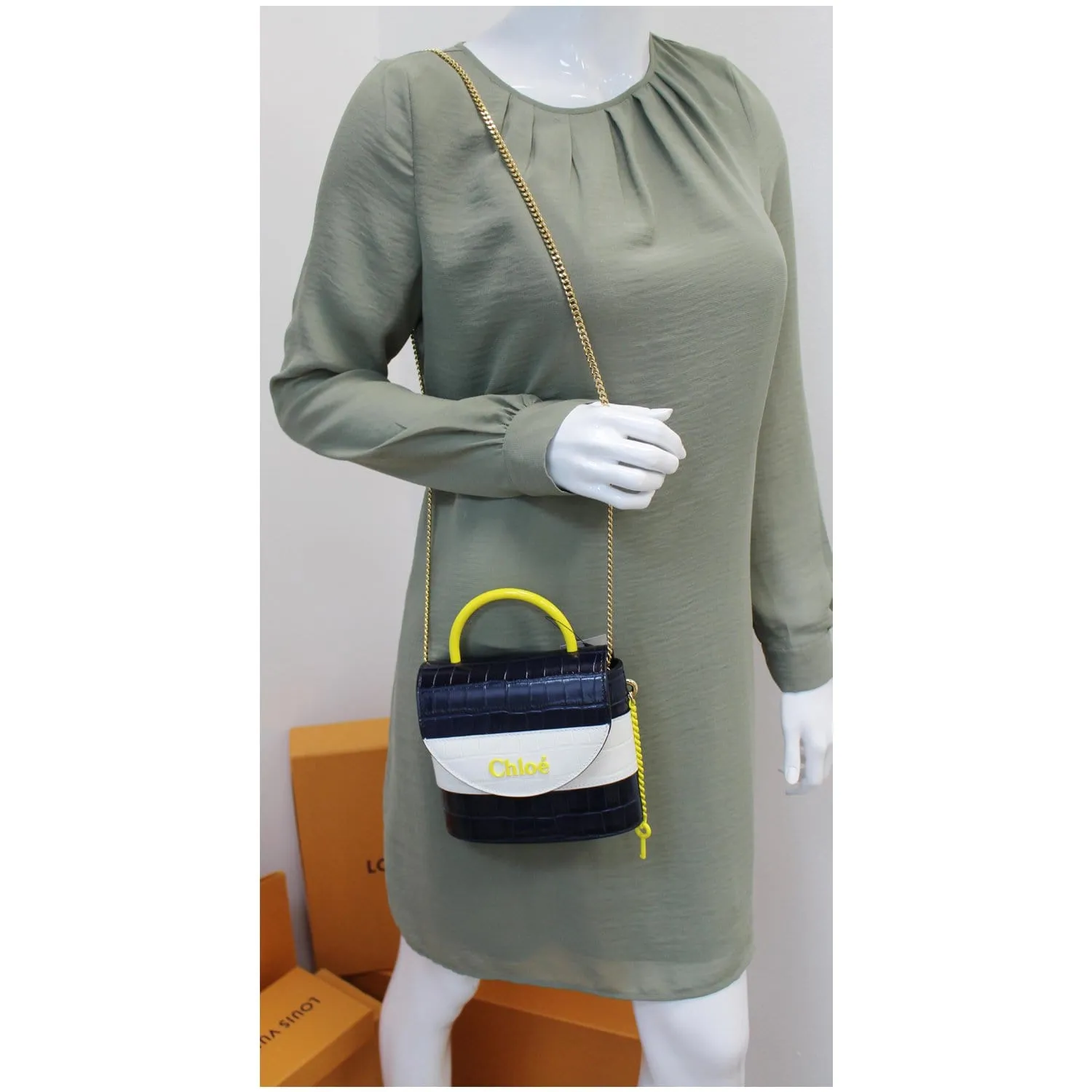 CHLOE Aby Lock Small Embossed/Calfskin Leather Chain Shoulder Bag Navy Blue