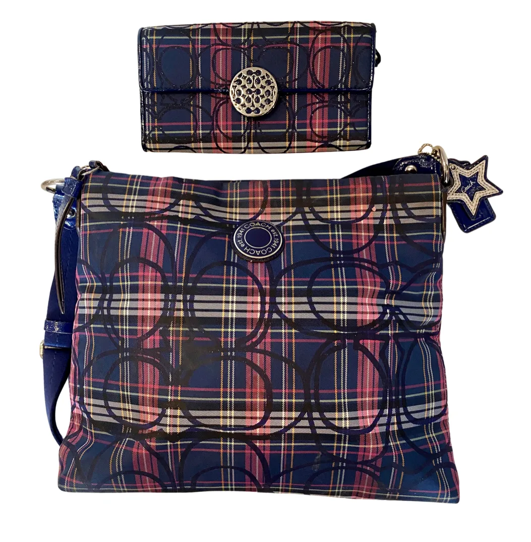 COACH #F20003 Navy Plaid Crossbody/Shoulder Bag with Matching Wallet