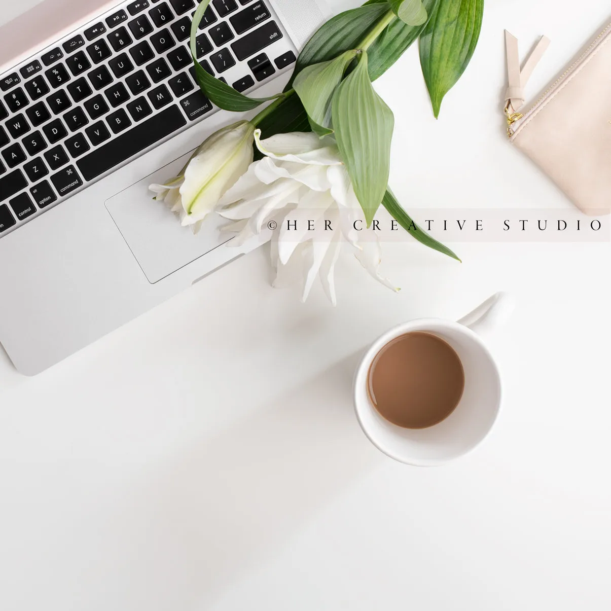 Coffee, Lily & Laptop on White Background
