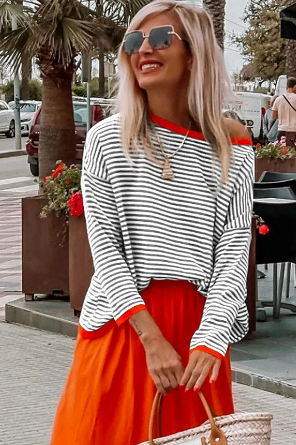 Contrast Trimmed Striped Drop Shoulder Sweater