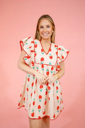 Cream Flower Trimmed Dress