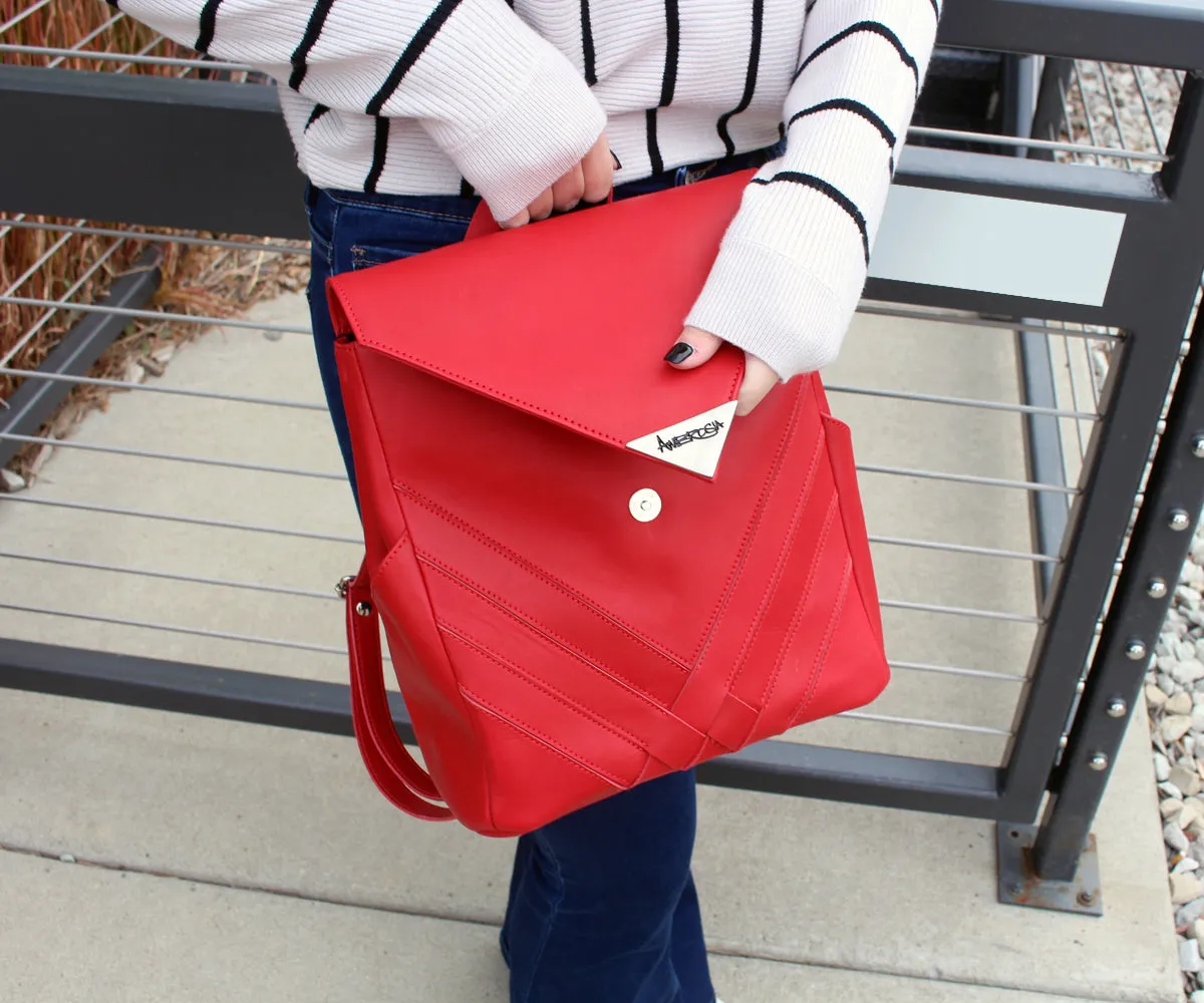 Criss-Cross Genuine Leather Lipstick Red Backpack