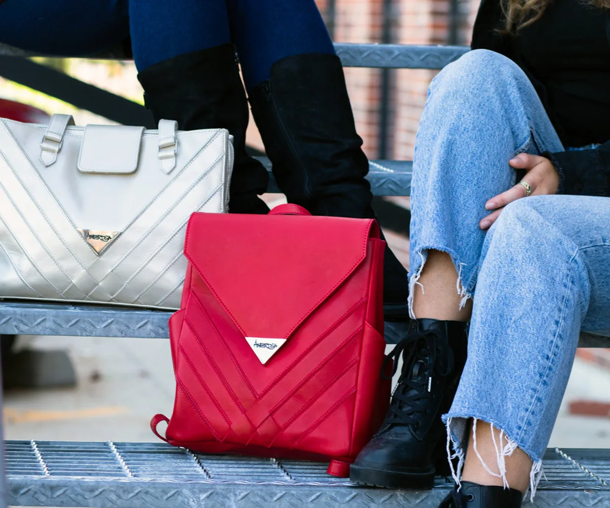 Criss-Cross Genuine Leather Lipstick Red Backpack