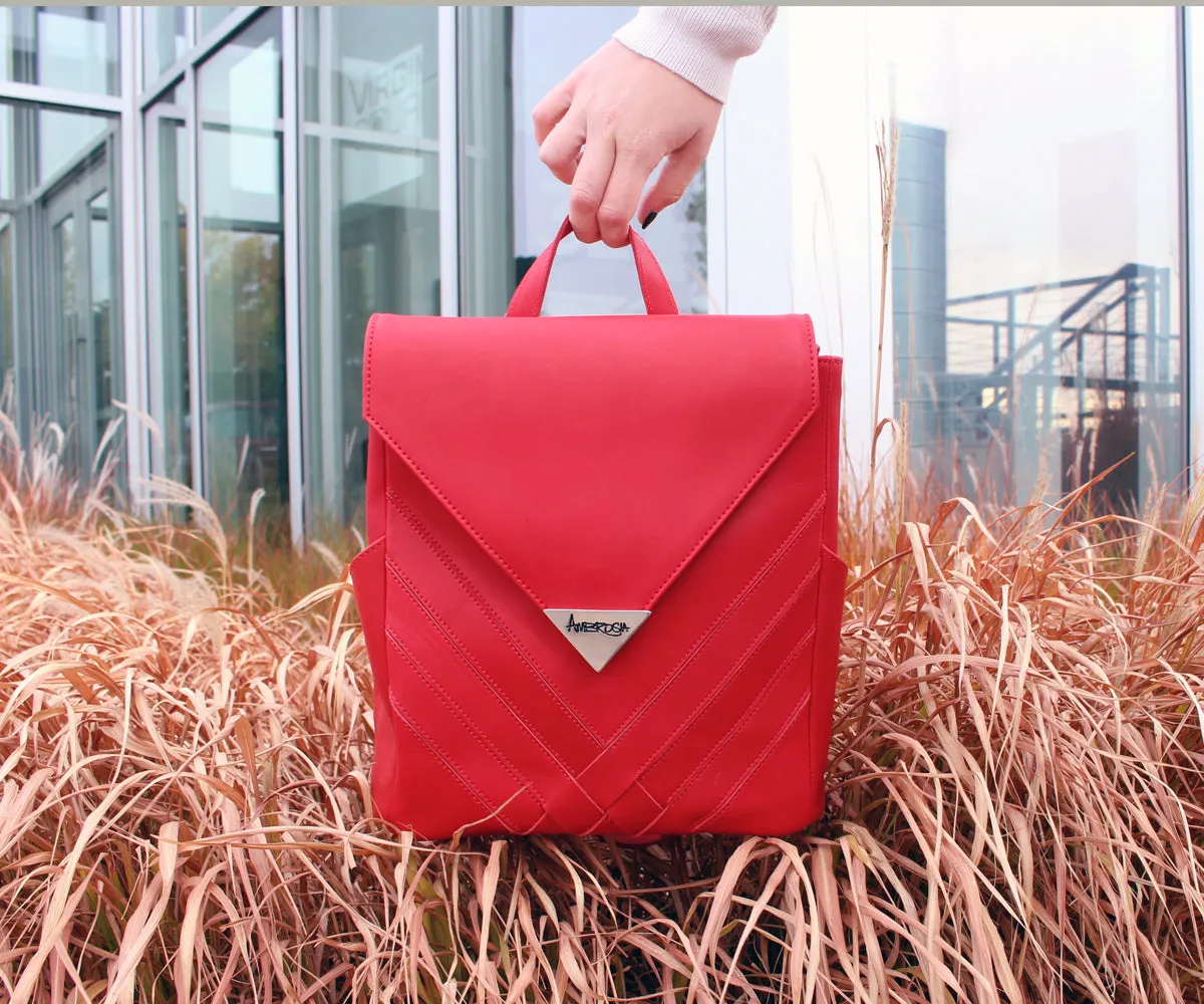 Criss-Cross Genuine Leather Lipstick Red Backpack