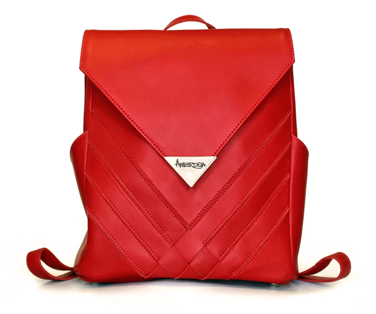 Criss-Cross Genuine Leather Lipstick Red Backpack