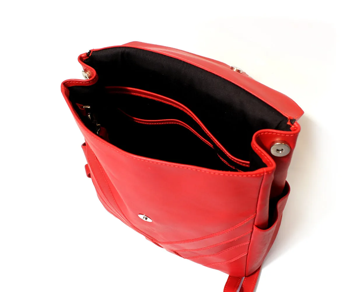 Criss-Cross Genuine Leather Lipstick Red Backpack