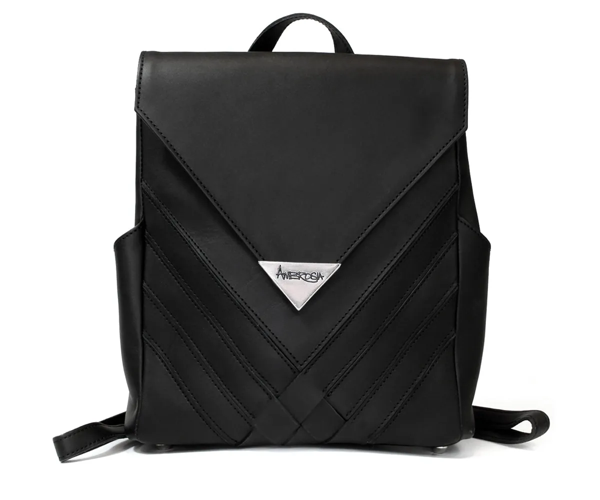Criss-Cross Genuine Leather Matte Black Backpack