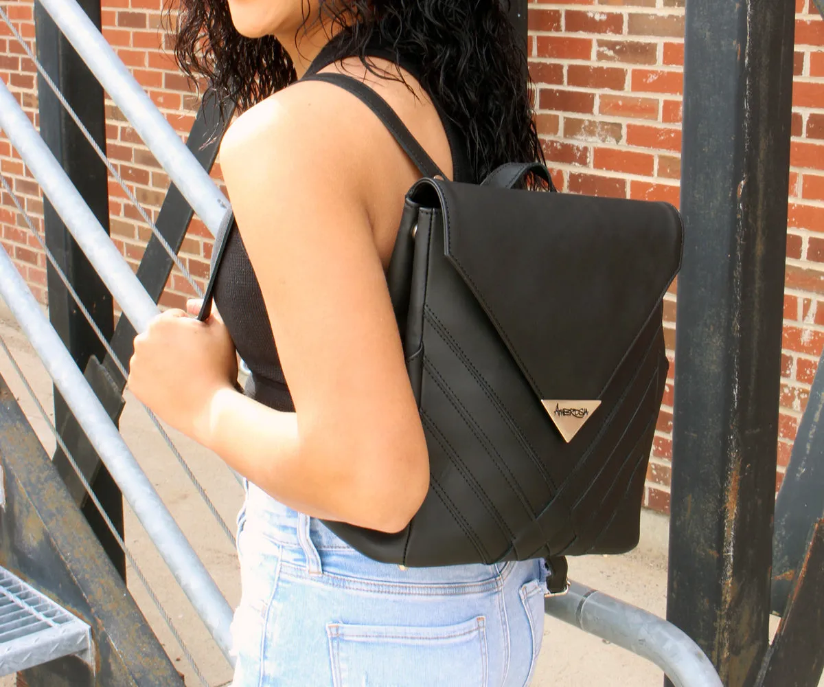 Criss-Cross Genuine Leather Matte Black Backpack