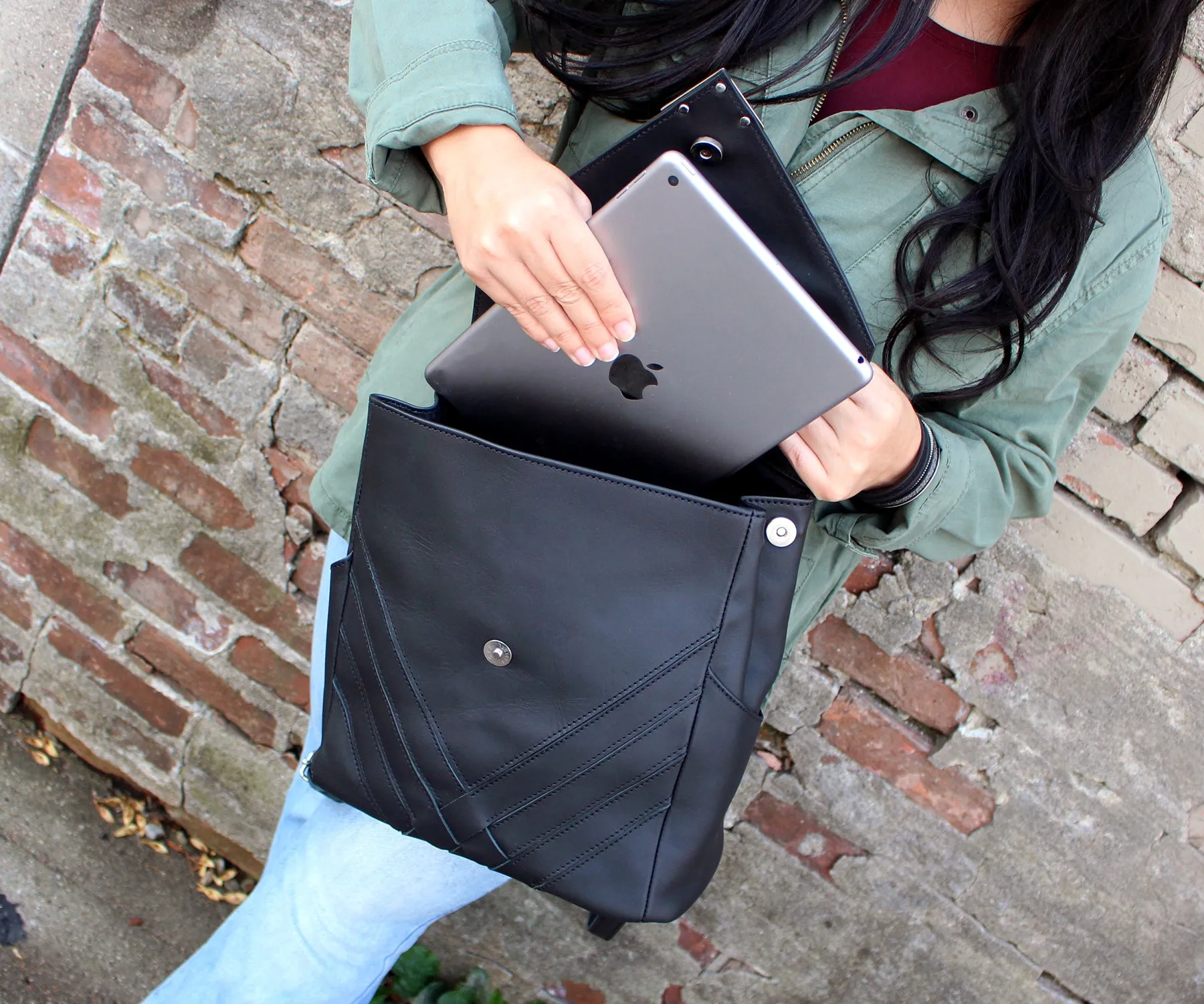 Criss-Cross Genuine Leather Matte Black Backpack