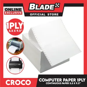 Croco Computer Forms 5.5x9 1/2'' (1PLY) 1Box Continuous Computer Paper Carbonless Single Ply 2000 Sheets