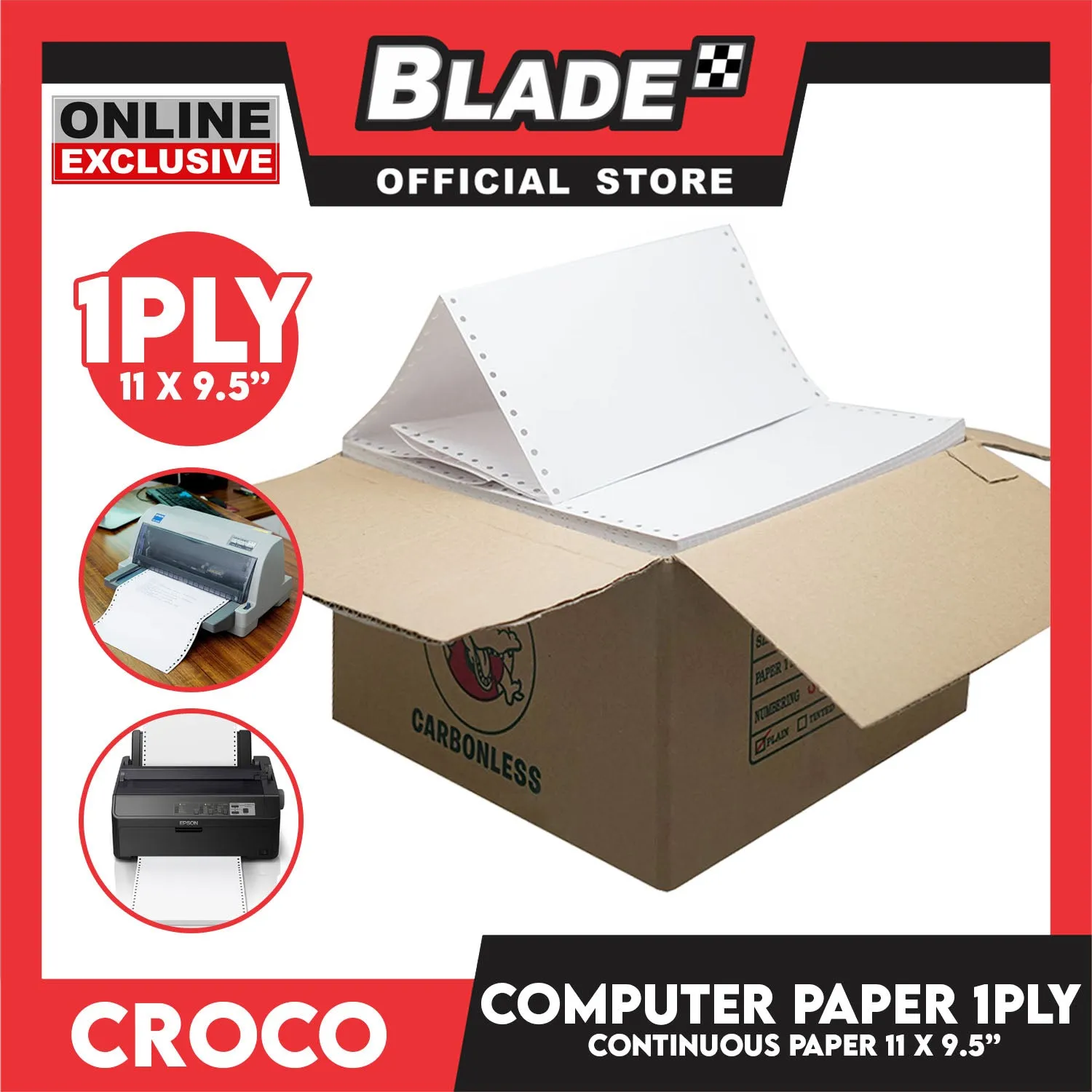 Croco Computer Forms 5.5x9 1/2'' (1PLY) 1Box Continuous Computer Paper Carbonless Single Ply 2000 Sheets