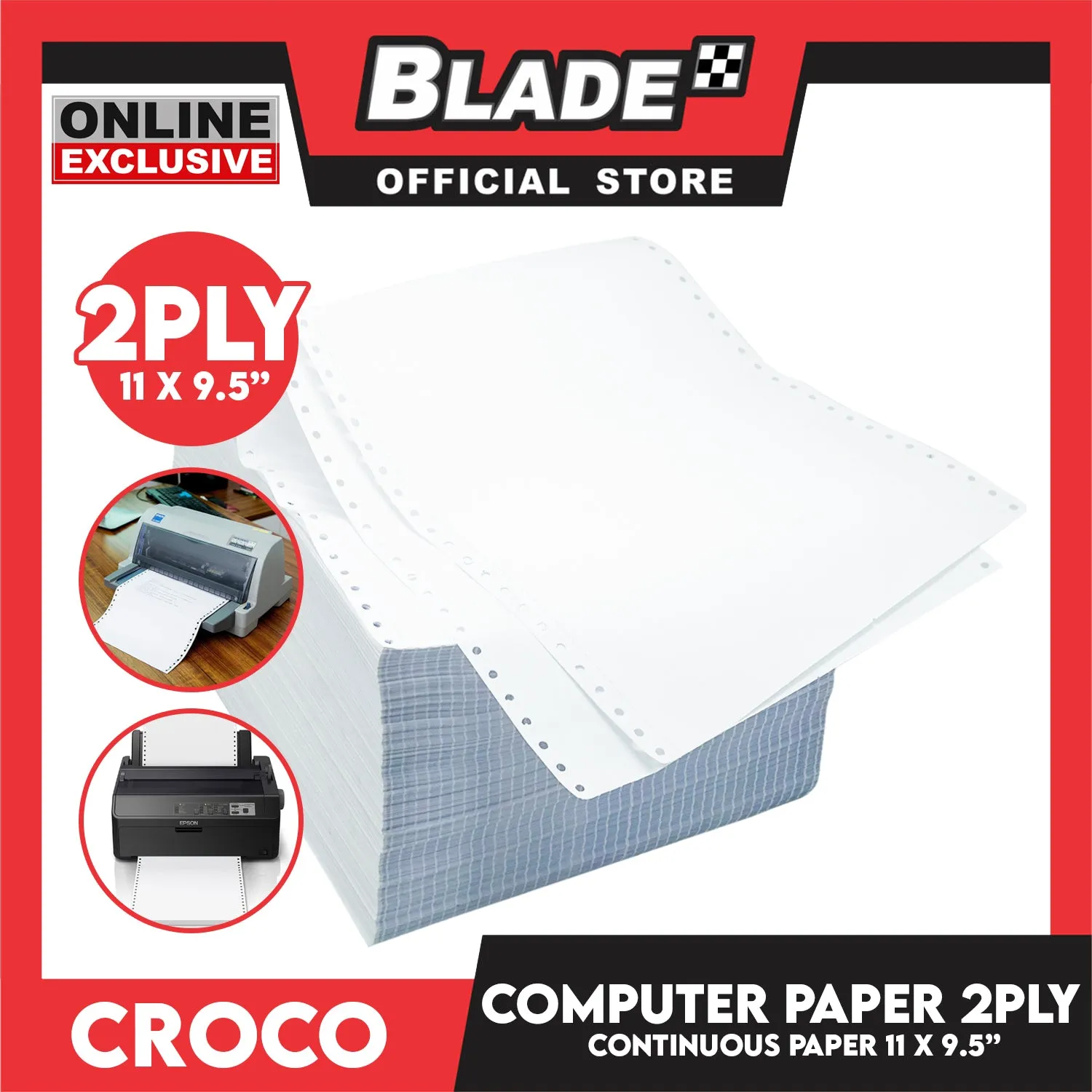 Croco Computer Forms Standard 11x9 1/2'' 1Box (2Ply) Continuous Computer Paper Carbonless 1000 Sheets