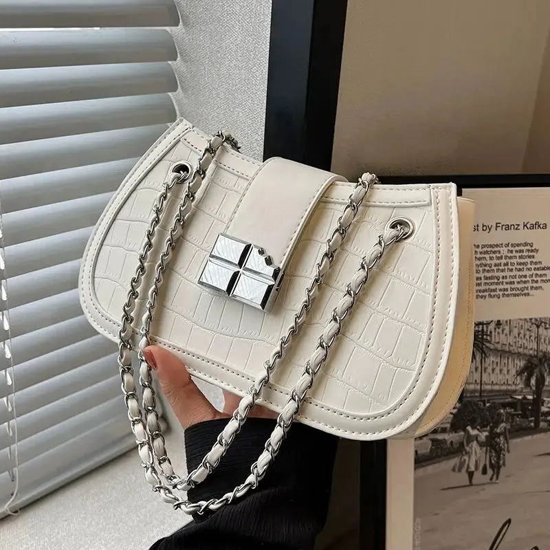 Crocodile-embossed Chain Shoulder Bag