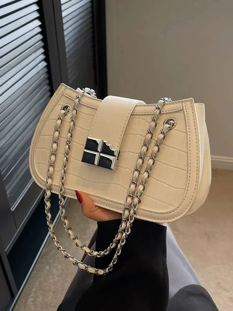 Crocodile-embossed Chain Shoulder Bag