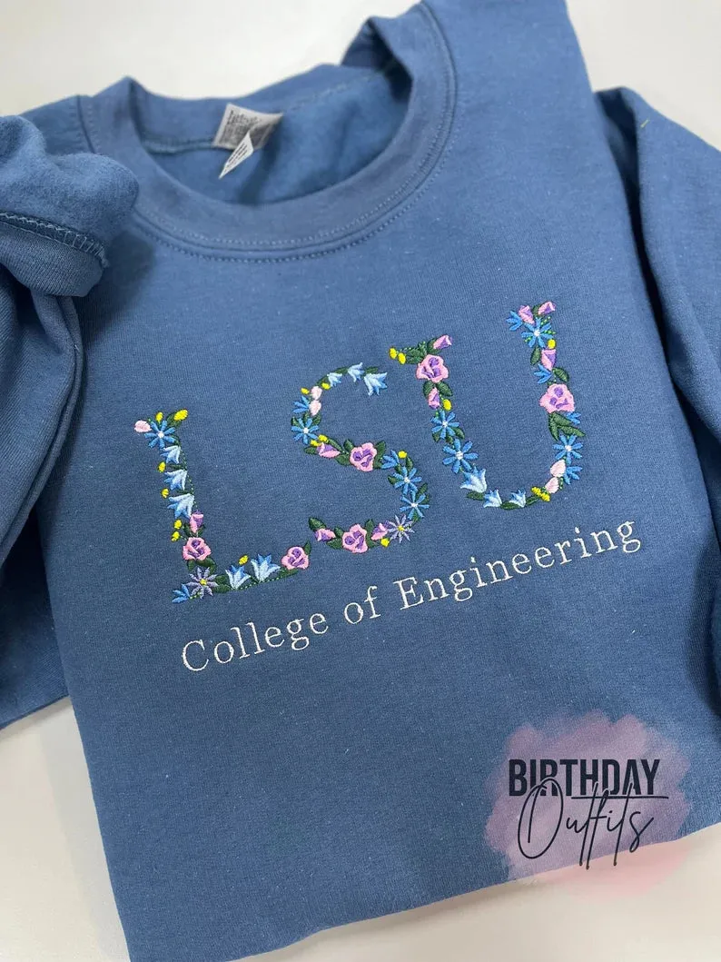 Custom Floral Letter Embroidered College Sweatshirt, Flower College Crewneck Sweatshirt Embroidery, High School Graduation Gift
