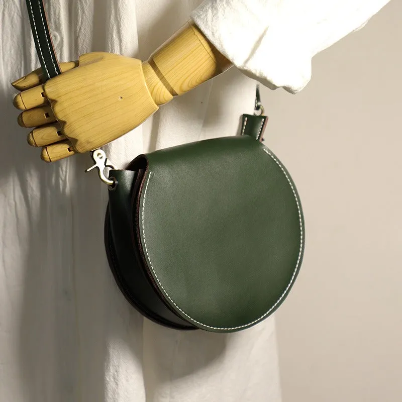 Cute Green Leather Round Crossbody Bag Round Leather Purse Handmade Circle Crossbody Bag
