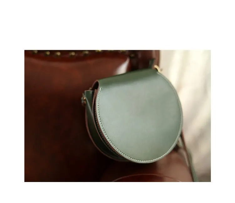 Cute Green Leather Round Crossbody Bag Round Leather Purse Handmade Circle Crossbody Bag