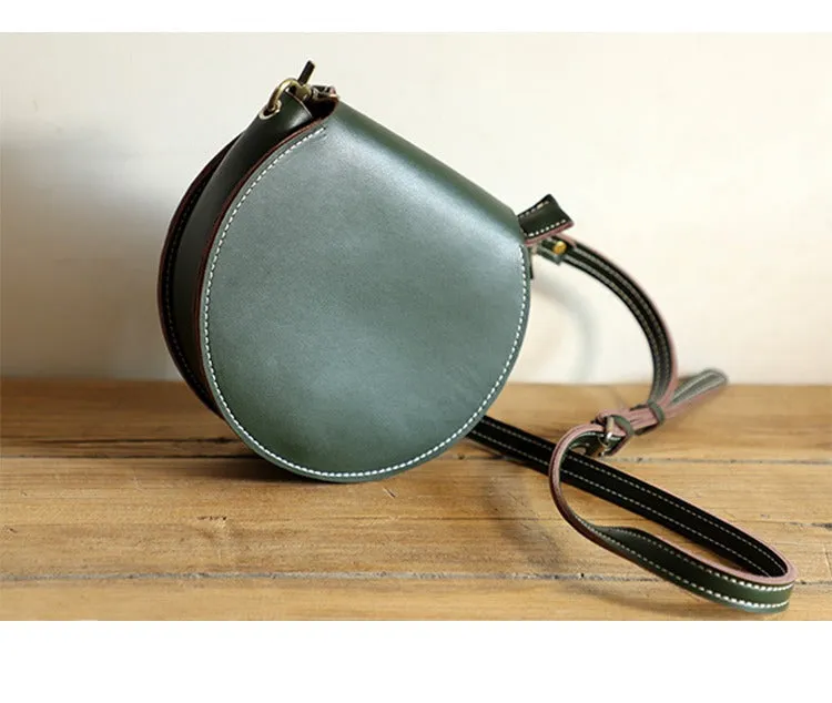 Cute Green Leather Round Crossbody Bag Round Leather Purse Handmade Circle Crossbody Bag