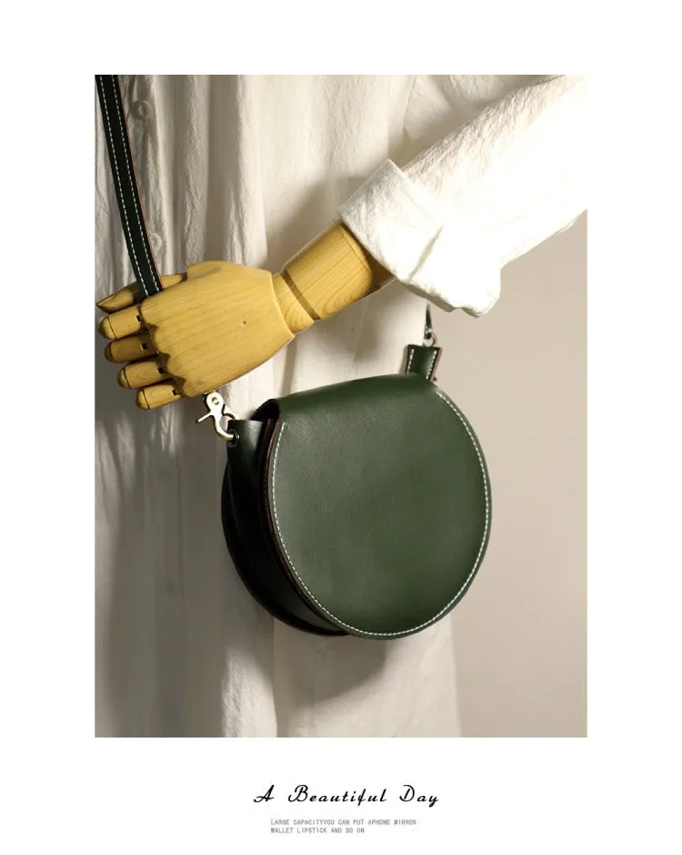 Cute Green Leather Round Crossbody Bag Round Leather Purse Handmade Circle Crossbody Bag
