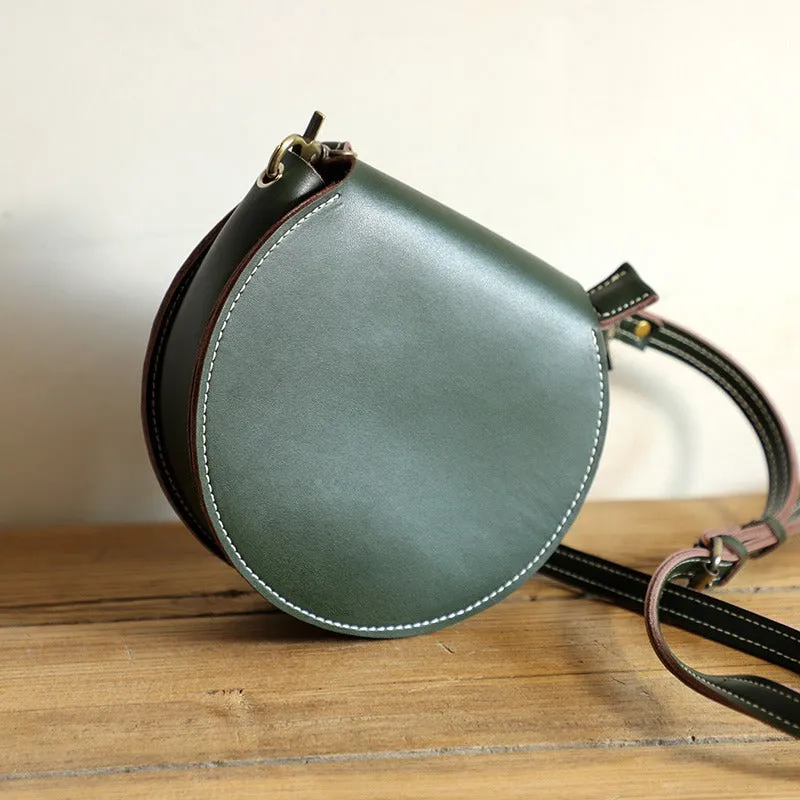 Cute Green Leather Round Crossbody Bag Round Leather Purse Handmade Circle Crossbody Bag