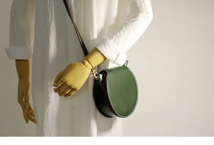 Cute Green Leather Round Crossbody Bag Round Leather Purse Handmade Circle Crossbody Bag