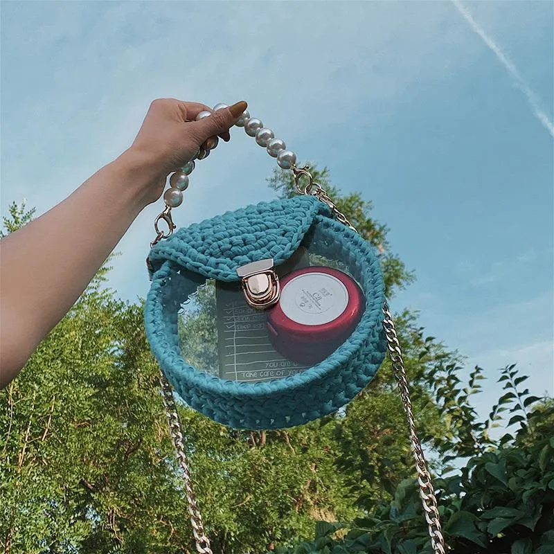 Cute Round Blue&White(Flap) Crochet Crossbody Purse PMMA Crochet Shoulder Round Handbag for Girl Circle Crochet Crossbody Purses
