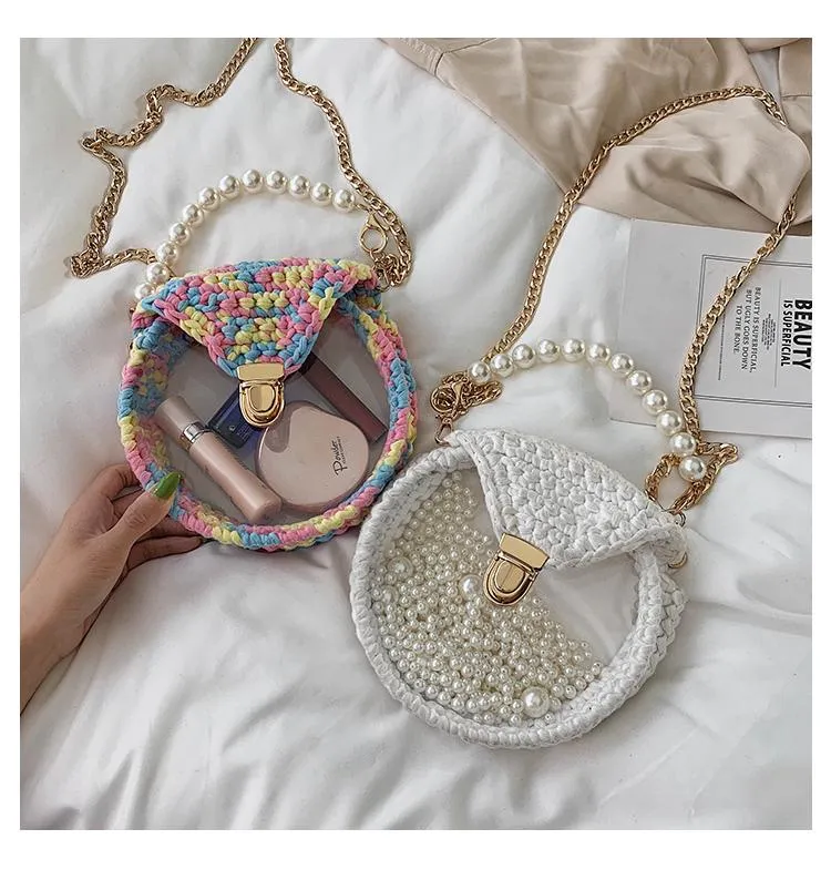 Cute Round Blue&White(Flap) Crochet Crossbody Purse PMMA Crochet Shoulder Round Handbag for Girl Circle Crochet Crossbody Purses