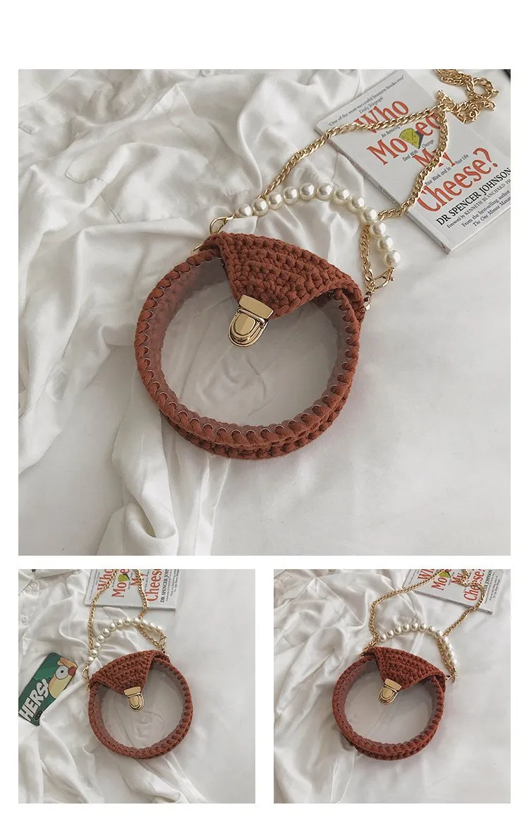 Cute Round Pink(Flap) Crochet Crossbody Purse PMMA Crochet Shoulder Round Handbag for Girl Circle Crochet Crossbody Purses