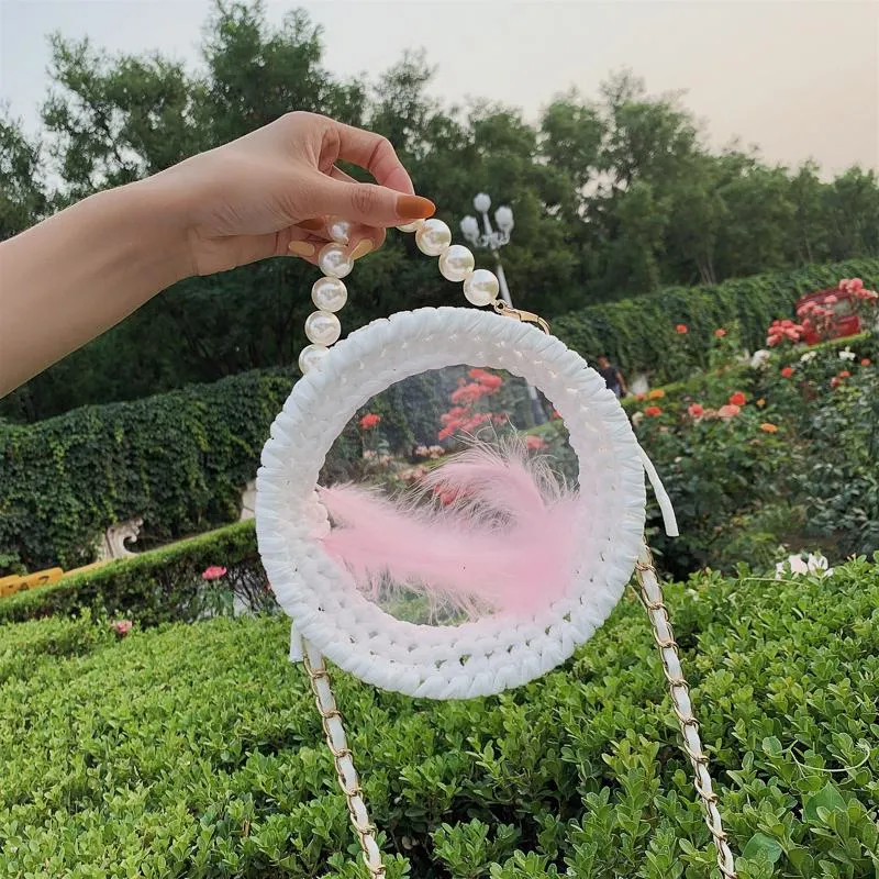 Cute Round Pink(Flap) Crochet Crossbody Purse PMMA Crochet Shoulder Round Handbag for Girl Circle Crochet Crossbody Purses