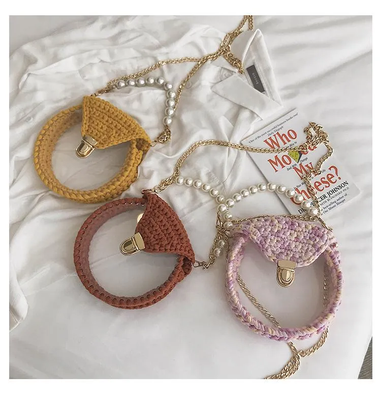 Cute Round Pink(Flap) Crochet Crossbody Purse PMMA Crochet Shoulder Round Handbag for Girl Circle Crochet Crossbody Purses