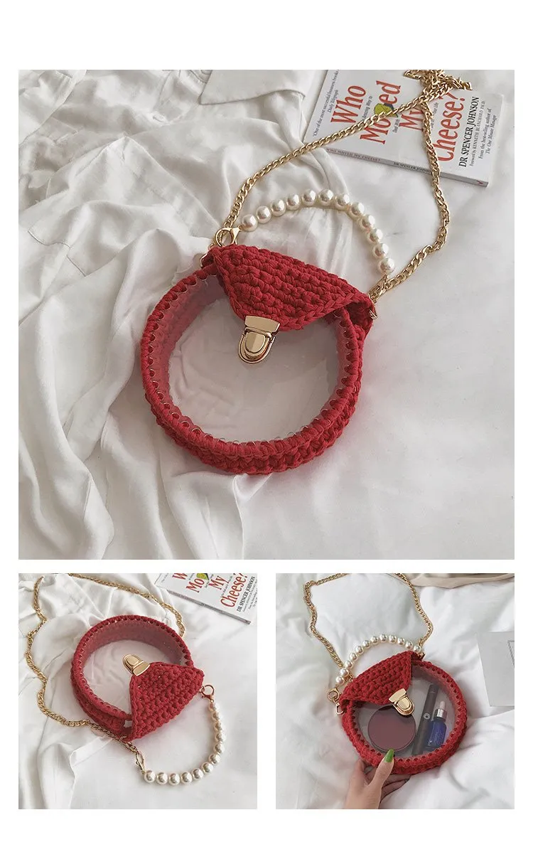 Cute Round Pink(Flap) Crochet Crossbody Purse PMMA Crochet Shoulder Round Handbag for Girl Circle Crochet Crossbody Purses