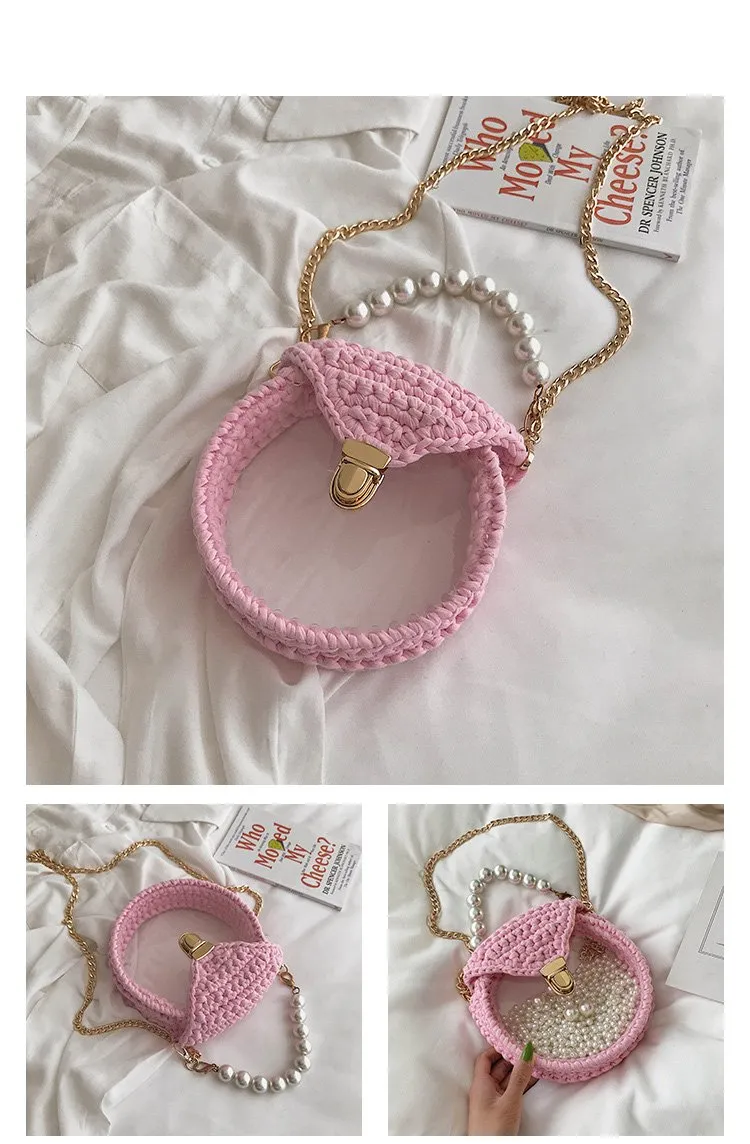Cute Round Pink(Flap) Crochet Crossbody Purse PMMA Crochet Shoulder Round Handbag for Girl Circle Crochet Crossbody Purses