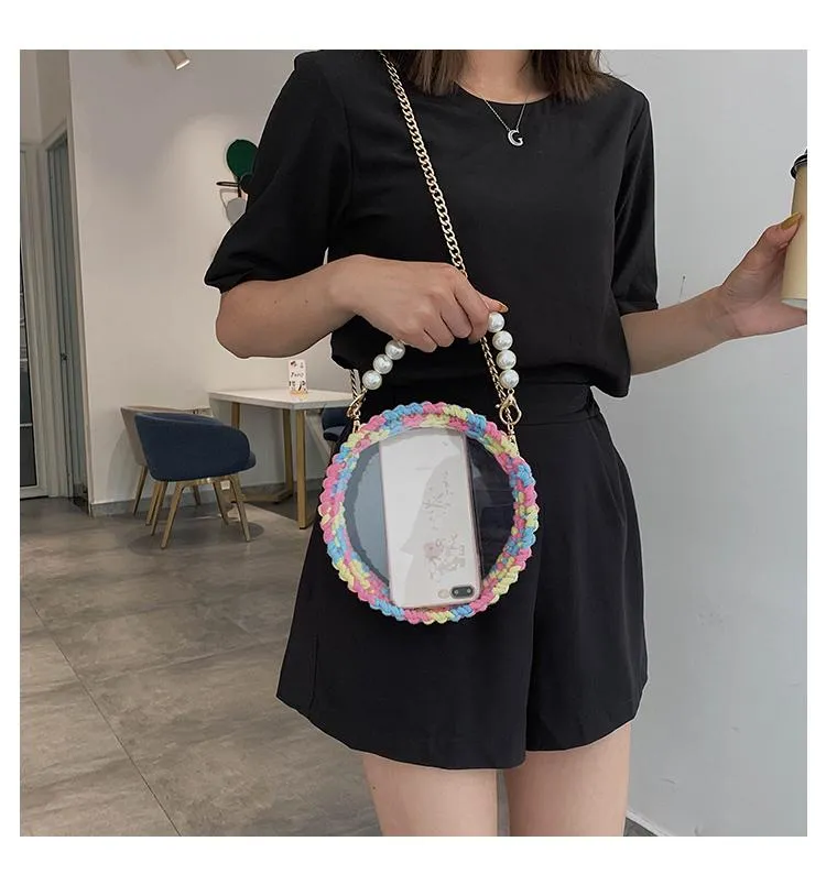 Cute Round Pink(Flap) Crochet Crossbody Purse PMMA Crochet Shoulder Round Handbag for Girl Circle Crochet Crossbody Purses