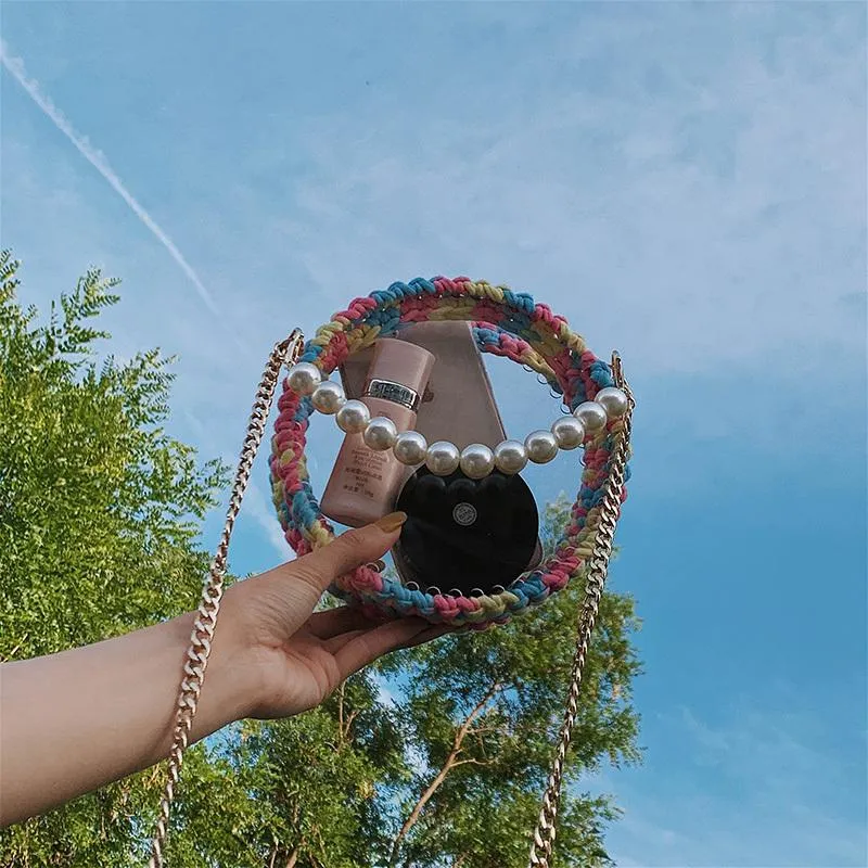 Cute Round Pink(Flap) Crochet Crossbody Purse PMMA Crochet Shoulder Round Handbag for Girl Circle Crochet Crossbody Purses