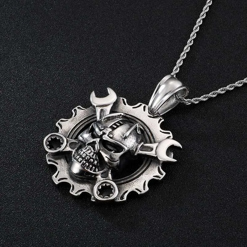 Cycolinks Ring Skull & Spanners Pendant Necklace