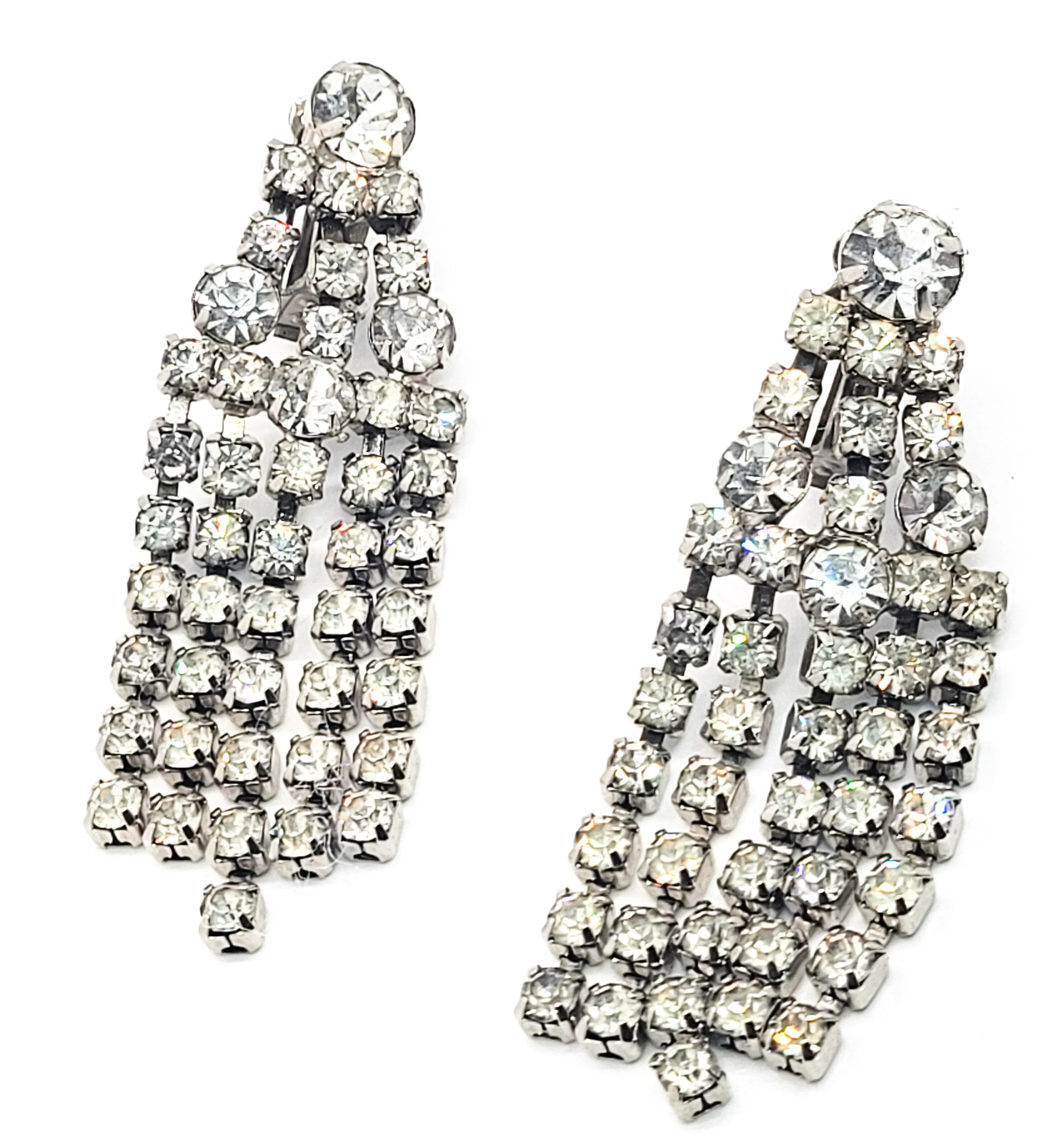 Dazzling clear rhinestone waterfall retro vintage clip on large earrings