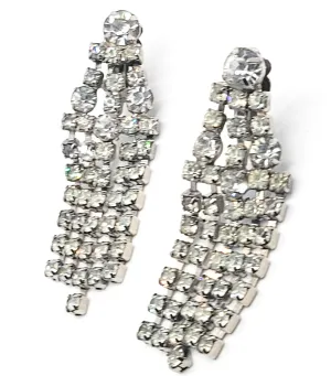 Dazzling clear rhinestone waterfall retro vintage clip on large earrings