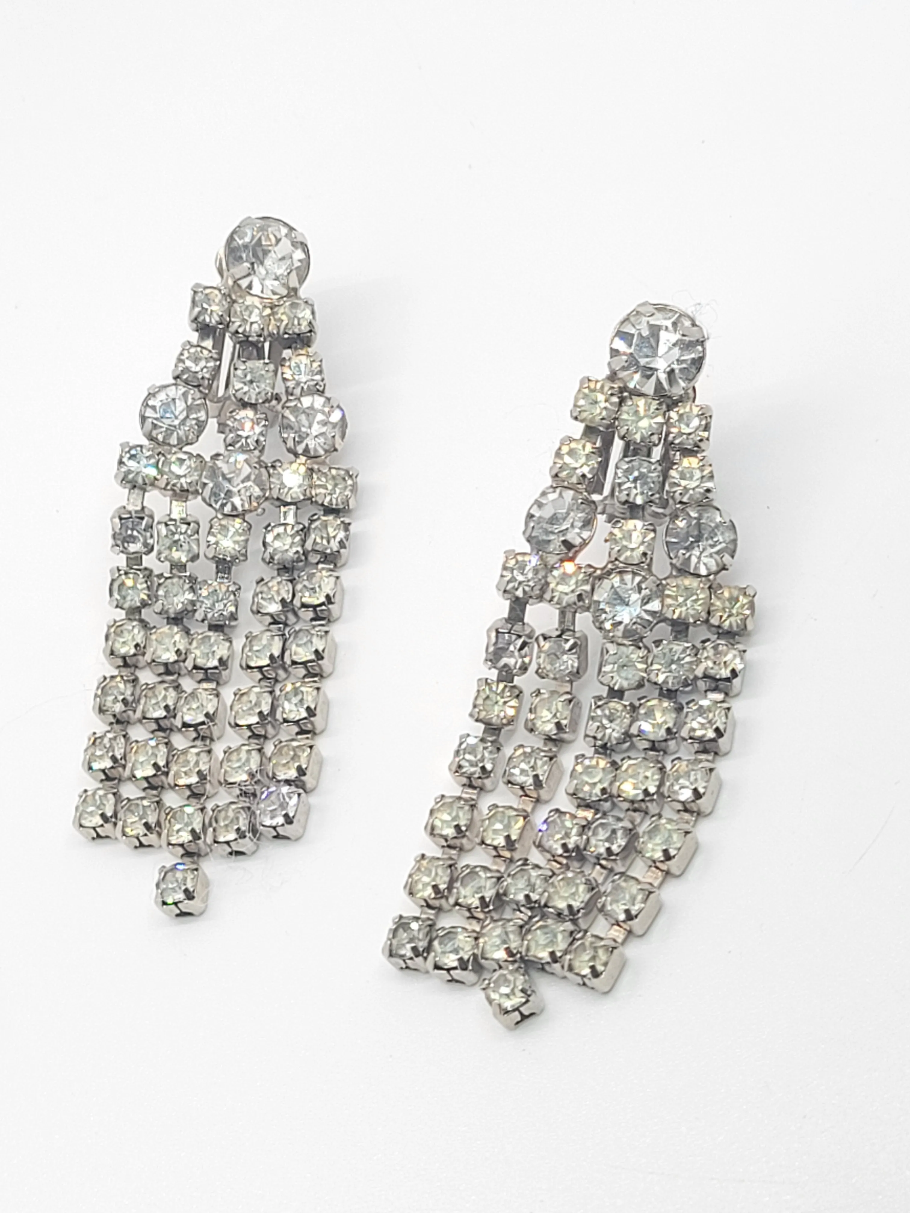 Dazzling clear rhinestone waterfall retro vintage clip on large earrings