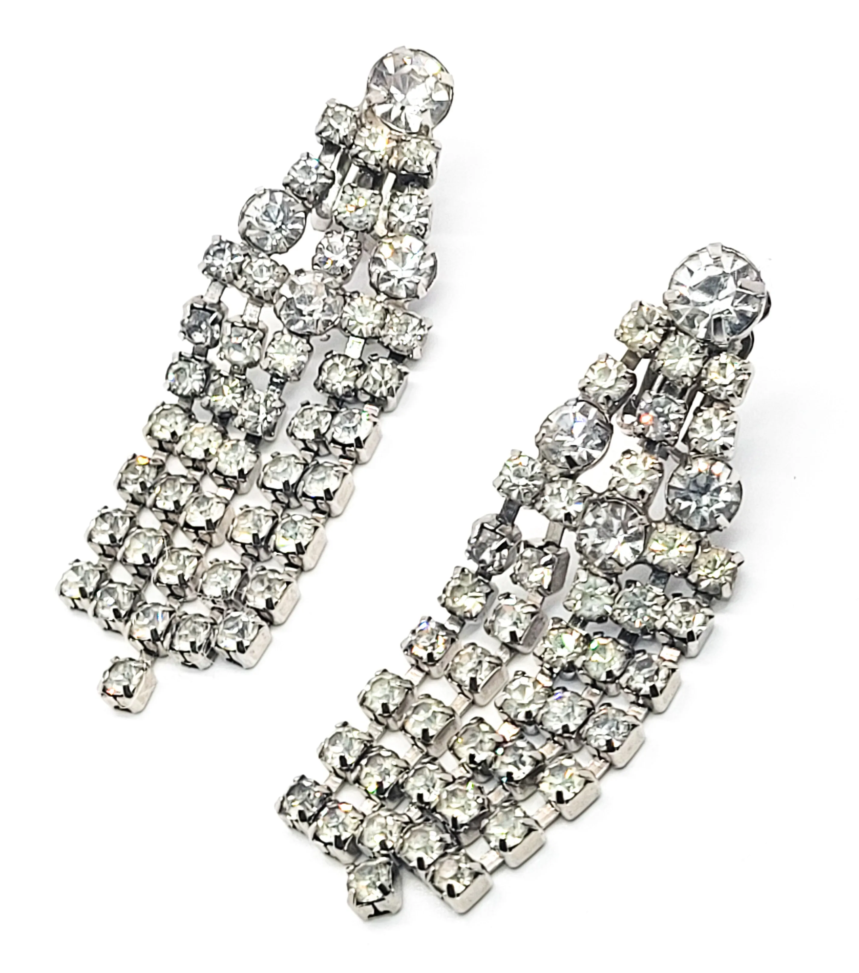 Dazzling clear rhinestone waterfall retro vintage clip on large earrings