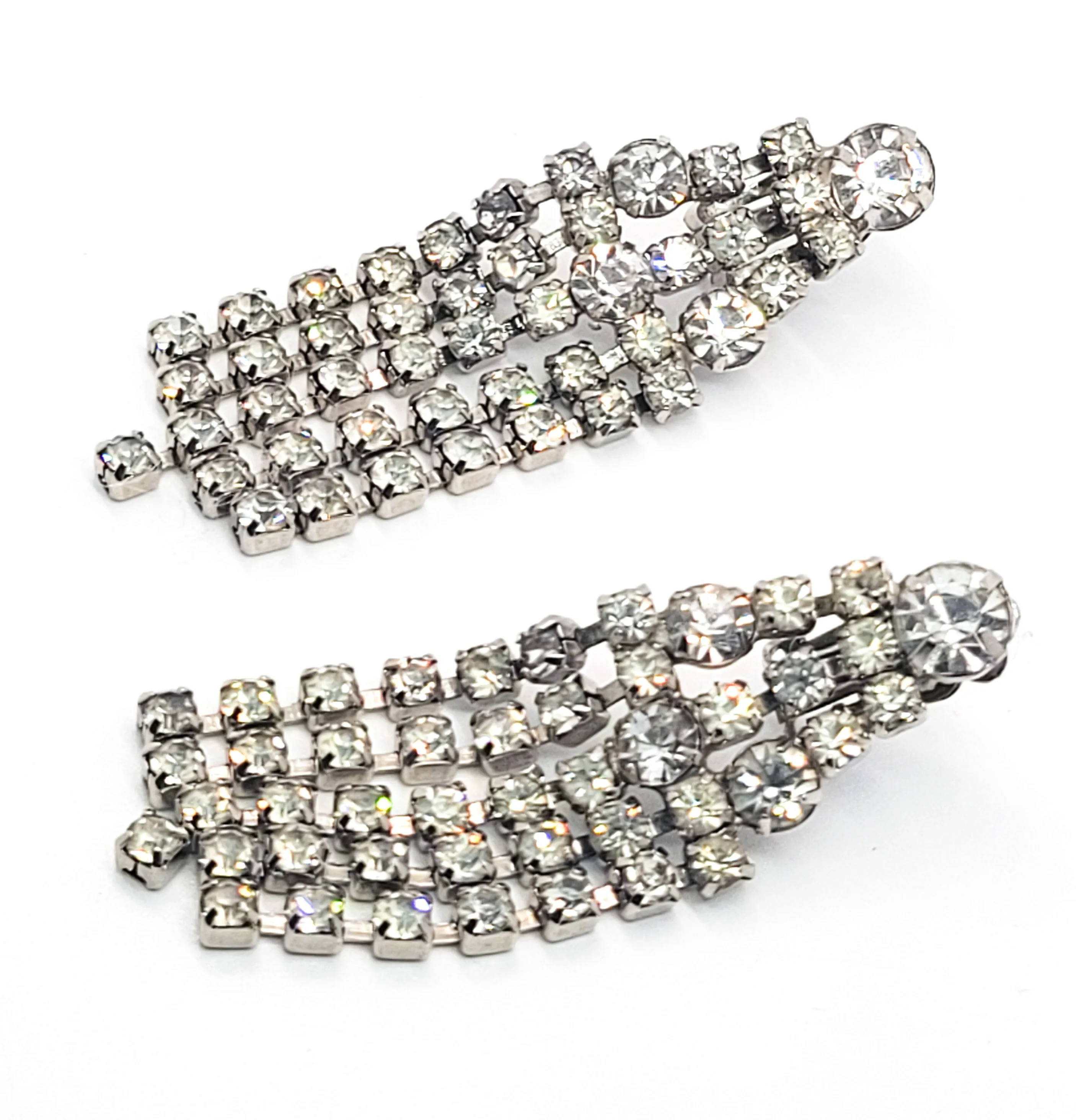 Dazzling clear rhinestone waterfall retro vintage clip on large earrings