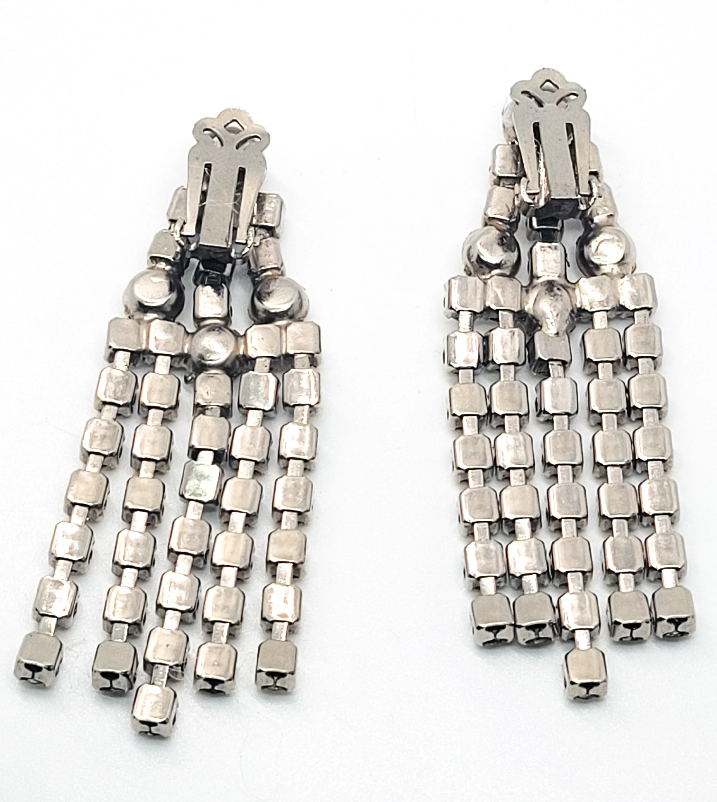 Dazzling clear rhinestone waterfall retro vintage clip on large earrings