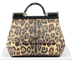 Dolce & Gabbana Brown Leopard Print Coated Canvas And Leather Medium Sicily Top Handle bag